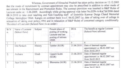 शिक्षा विभाग का आदेश: 10 प्रवक्ताओं को 6 फरवरी 2007 से नियमित नियुक्ति का लाभ