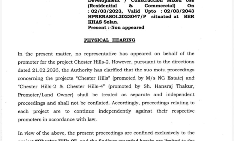 Asar Breaking : HP RERA का बड़ा एक्शन: Chester Hills-2 और 4 प्रोजेक्ट्स पर 70 लाख का जुर्माना