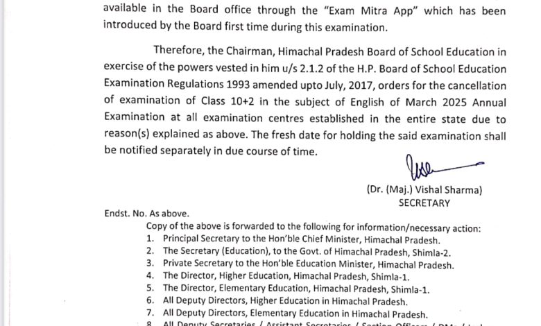 बड़ी खबर: आठ मार्च 2025को आयोजित होने वाली +2 कक्षा की अंग्रेजी विषय की परीक्षा स्थगित