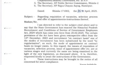 बड़ी खबर: हिमाचल सरकार ने अनुबंध नियुक्ति को होल्ड करने की अधिसूचना जारी की