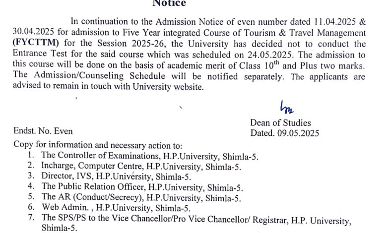 admission to Five Year integrated Course of Tourism & Travel Management