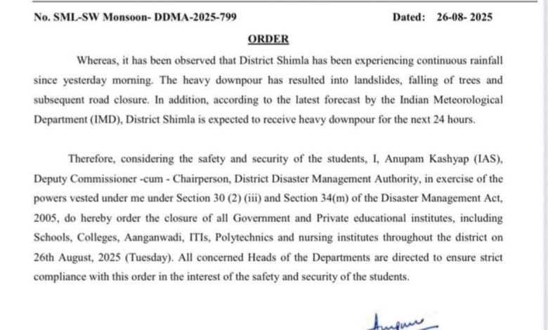 बरसात का कहर : सुरक्षा के लिए 26 अगस्त को शिमला के सभी स्कूलों में छुट्टी