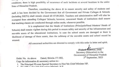 हिमाचल में सात सितंबर तक शिक्षण संस्थान बंद हिमाचल में सात सितंबर तक शिक्षण संस्थान बंद