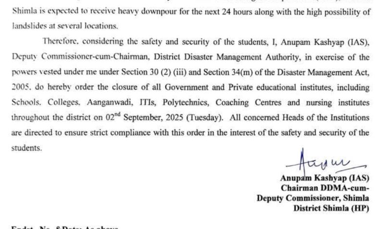 शिमला में भारी बारिश का कहर, कल बंद रहेंगे सभी स्कूल और कॉलेज
