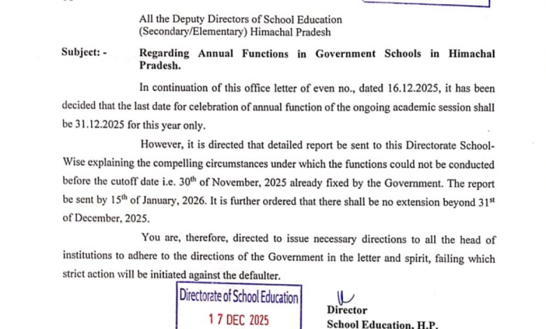 HP के सरकारी स्कूलों को अल्टीमेटम: 31 दिसंबर तक ही होंगे वार्षिक समारोह HP के सरकारी स्कूलों को अल्टीमेटम: 31 दिसंबर तक ही होंगे वार्षिक समारोह